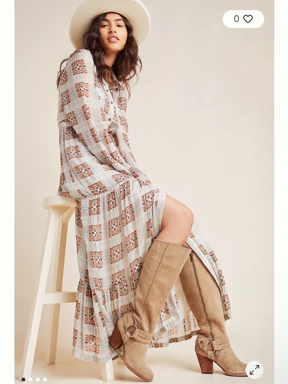 Anthropologie Elisabeth Cream and Brown Plaid Maxi Shirt Dress